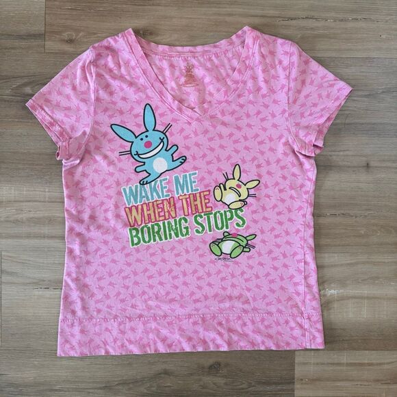 Happy Bunny Wake Me When The Boring Stops Pink Shirt Size XL Scene Emo Goth Y2K - Picture 1 of 6